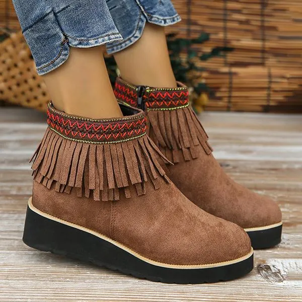 Women's Casual Ethnic Style Tassel Thick Sole Short Boots 92494763S