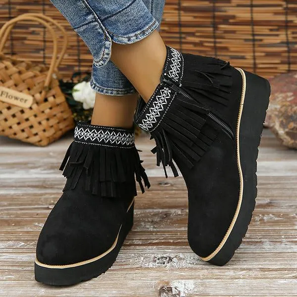 Women's Casual Ethnic Style Tassel Thick Sole Short Boots 92494763S