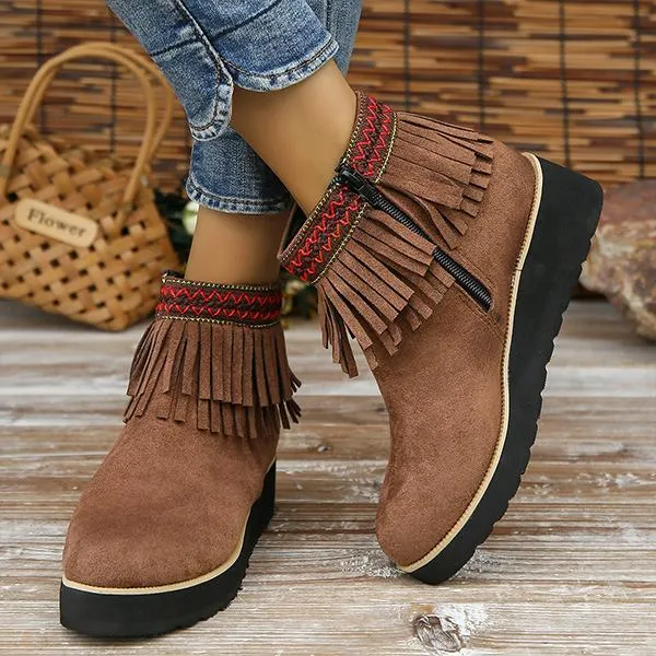 Women's Casual Ethnic Style Tassel Thick Sole Short Boots 92494763S