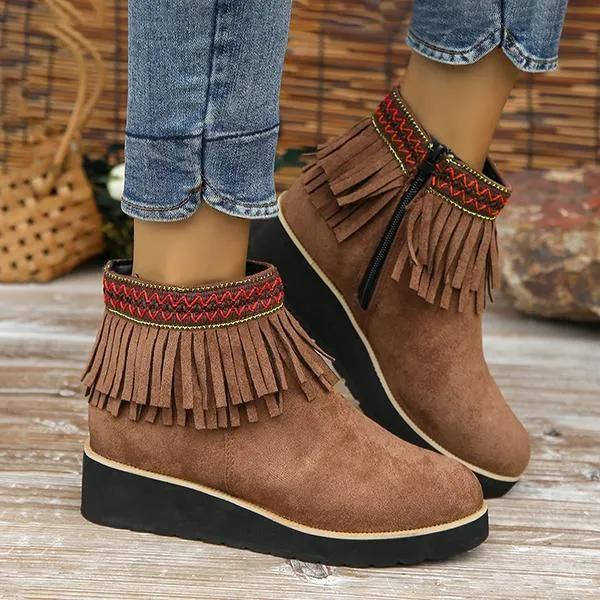 Women's Casual Ethnic Style Tassel Thick Sole Short Boots 92494763S