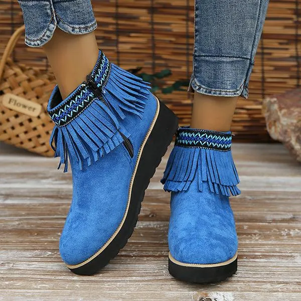 Women's Casual Ethnic Style Tassel Thick Sole Short Boots 92494763S