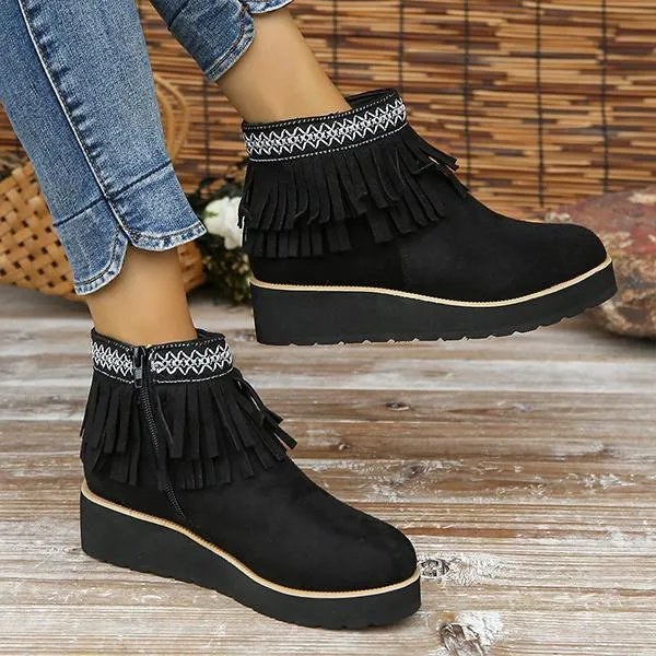 Women's Casual Ethnic Style Tassel Thick Sole Short Boots 92494763S