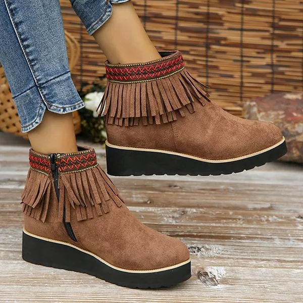 Women's Casual Ethnic Style Tassel Thick Sole Short Boots 92494763S