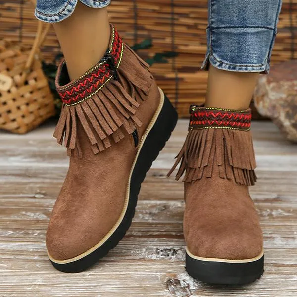 Women's Casual Ethnic Style Tassel Thick Sole Short Boots 92494763S