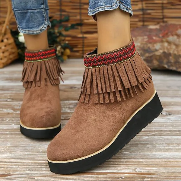 Women's Casual Ethnic Style Tassel Thick Sole Short Boots 92494763S