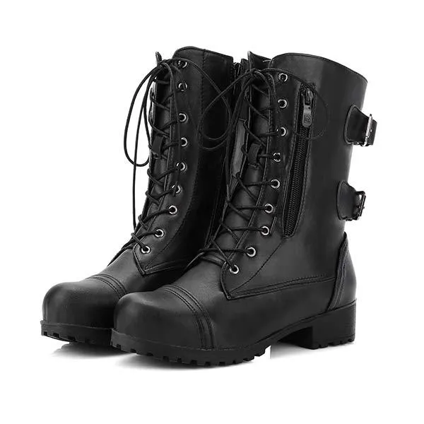 Women's Casual Low Heel Mid-Calf Boots with Side Zipper and Buckled Straps 34074097C