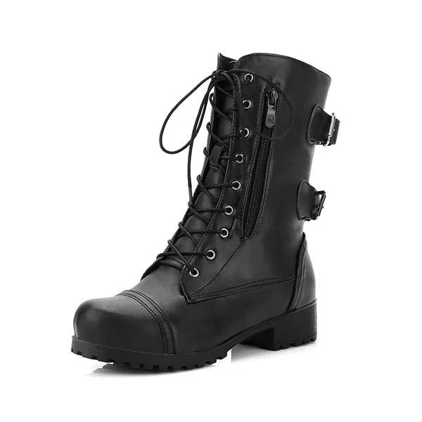 Women's Casual Low Heel Mid-Calf Boots with Side Zipper and Buckled Straps 34074097C