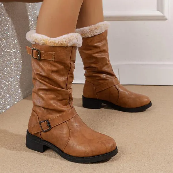 Women's Casual Retro Fur Collar Mid-Calf Boots 07173570S