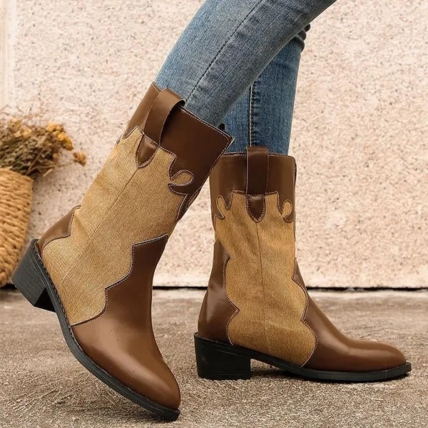 Women's Casual Retro Spliced Mid-calf Western Boots 62768101S