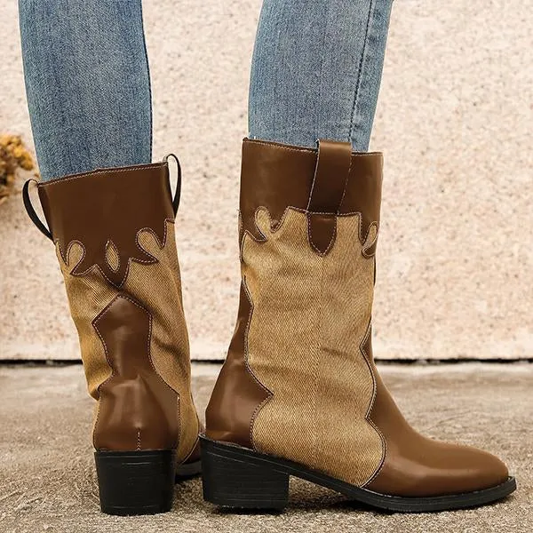 Women's Casual Retro Spliced Mid-calf Western Boots 62768101S