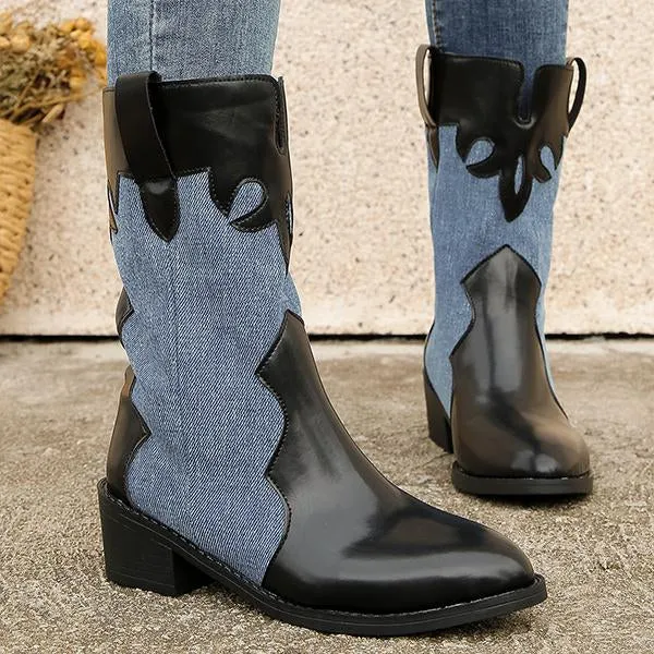 Women's Casual Retro Spliced Mid-calf Western Boots 62768101S