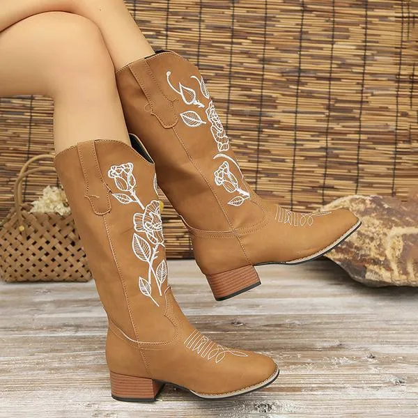 Women's Casual Rose Embroidery Chunk Heel Mid-calf Boots 42691341S