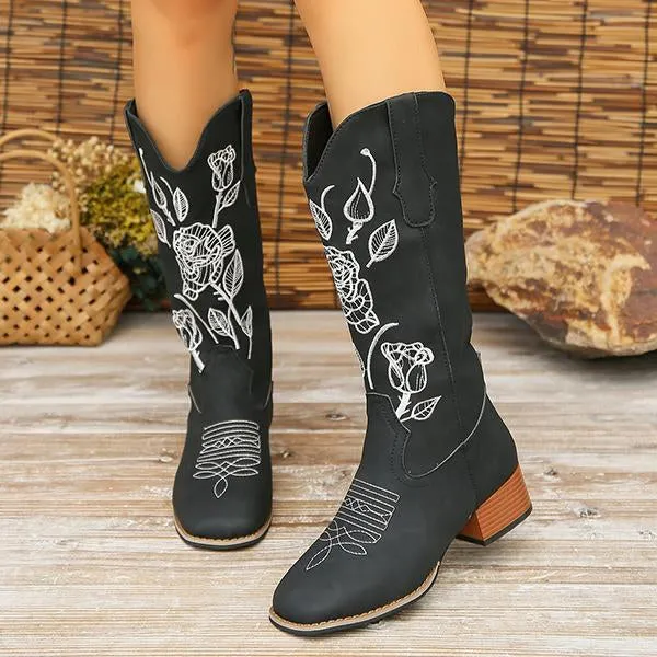 Women's Casual Rose Embroidery Chunk Heel Mid-calf Boots 42691341S