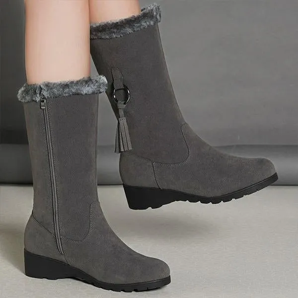 Women's Casual Side Zipper Wedge Mid-Calf Cotton Boots 31788422S